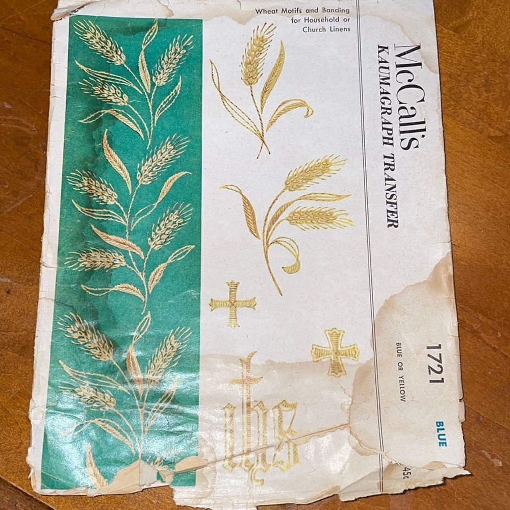 Vtg McCall’s Kaumagraph transfer/wheat motifs for household or church linens